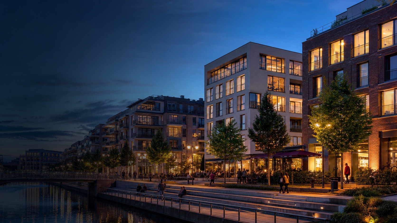 Lebendiges, modernes Stadtquartier am Abend
